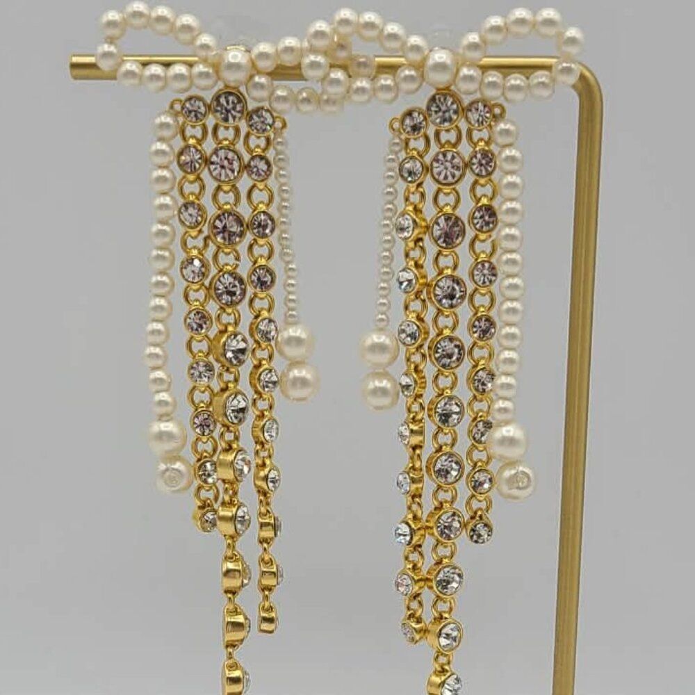 J Crew Pearl Bow Crystal Drop Earrings NWOT!